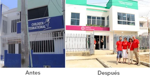 dos fotos de un edificio antes y después de las renovaciones